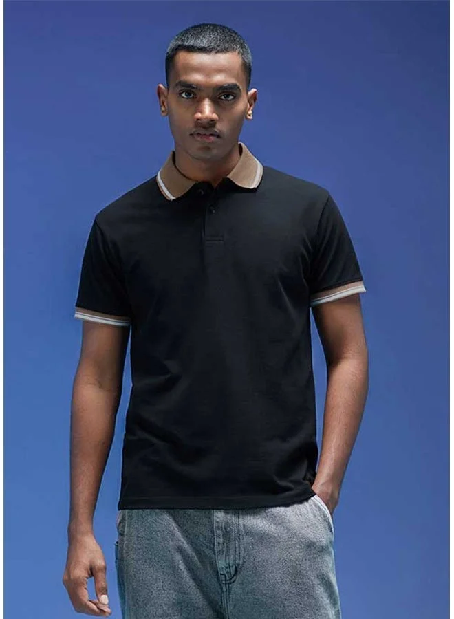 Veirdo Veirdo Pure Cotton Regular Fit Black Half Sleeve Polo T-Shirt For Men